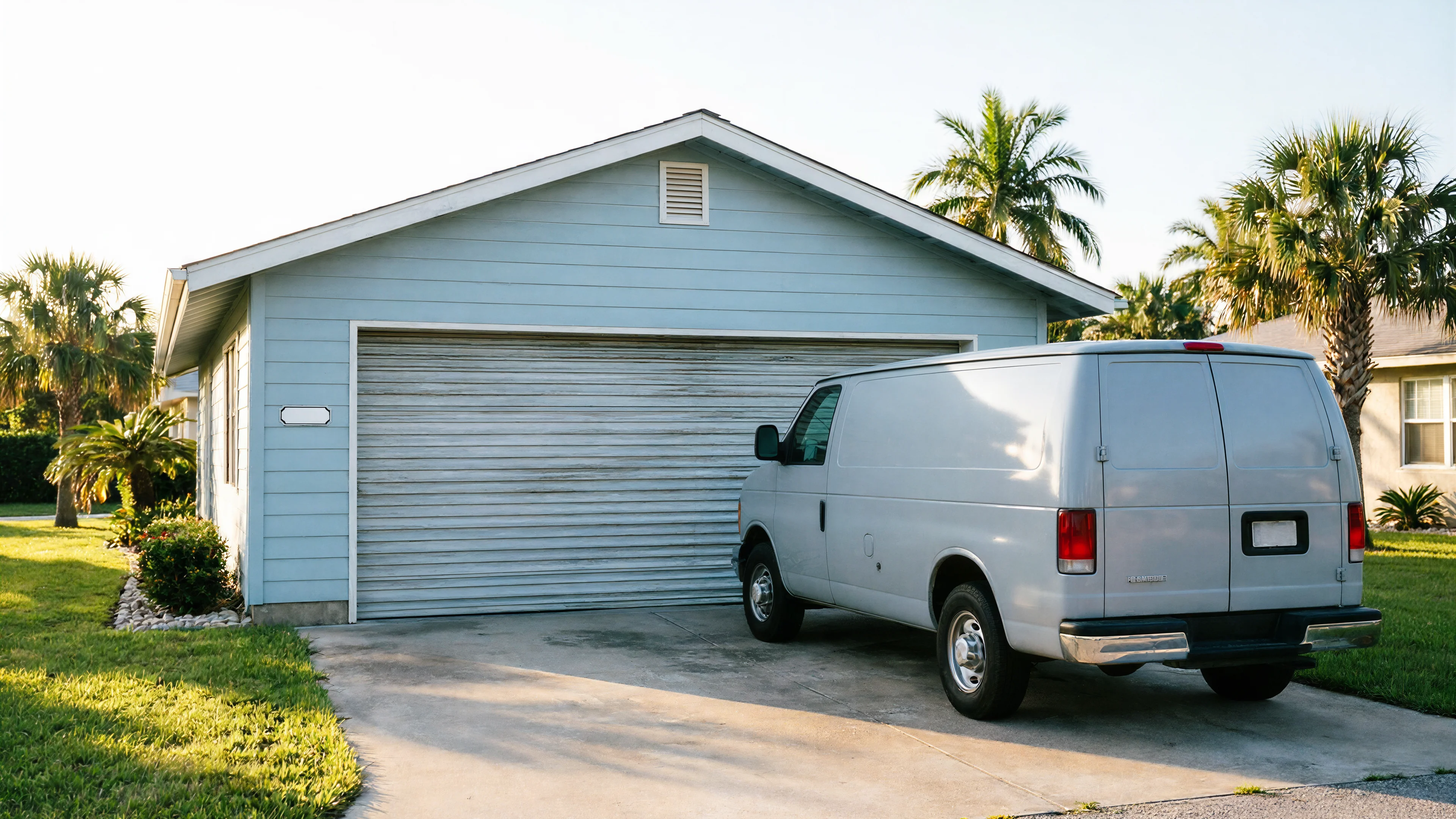 A light blue garage with a closed gray garage door and a white van in the driveway.
